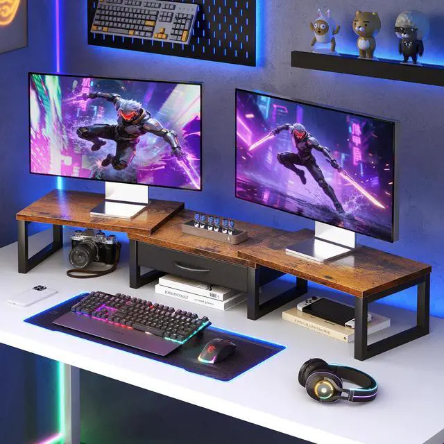 Alt view image 7 of 7 - Desk Organizers and Accessories, Dual Monitor Stand Riser with Drawer, Computer Monitor Stand, Adjustable Desk Shelf for PC Laptop Printer TV, Brown