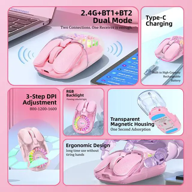 Alt view image 2 of 7 - Wireless Bluetooth Mouse, Transparent BT+2.4G Dual-Mode Gaming Mouse with Magnetic Top Cover, Rechargeable RGB Backlit Computer Mouse for Laptop, PC, MacBook, iPad (Pink)