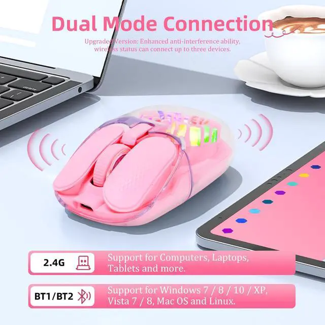 Alt view image 3 of 7 - Wireless Bluetooth Mouse, Transparent BT+2.4G Dual-Mode Gaming Mouse with Magnetic Top Cover, Rechargeable RGB Backlit Computer Mouse for Laptop, PC, MacBook, iPad (Pink)