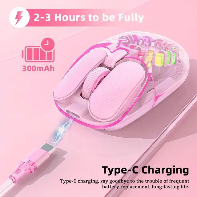 Alt view image 4 of 7 - Wireless Bluetooth Mouse, Transparent BT+2.4G Dual-Mode Gaming Mouse with Magnetic Top Cover, Rechargeable RGB Backlit Computer Mouse for Laptop, PC, MacBook, iPad (Pink)