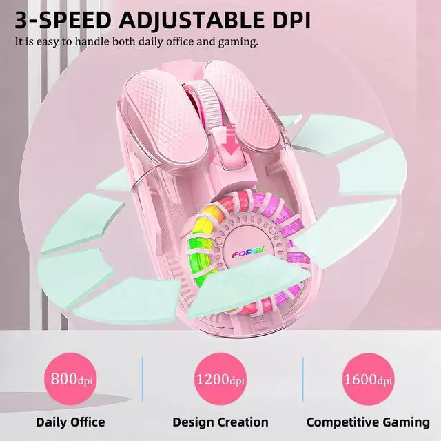 Alt view image 6 of 7 - Wireless Bluetooth Mouse, Transparent BT+2.4G Dual-Mode Gaming Mouse with Magnetic Top Cover, Rechargeable RGB Backlit Computer Mouse for Laptop, PC, MacBook, iPad (Pink)