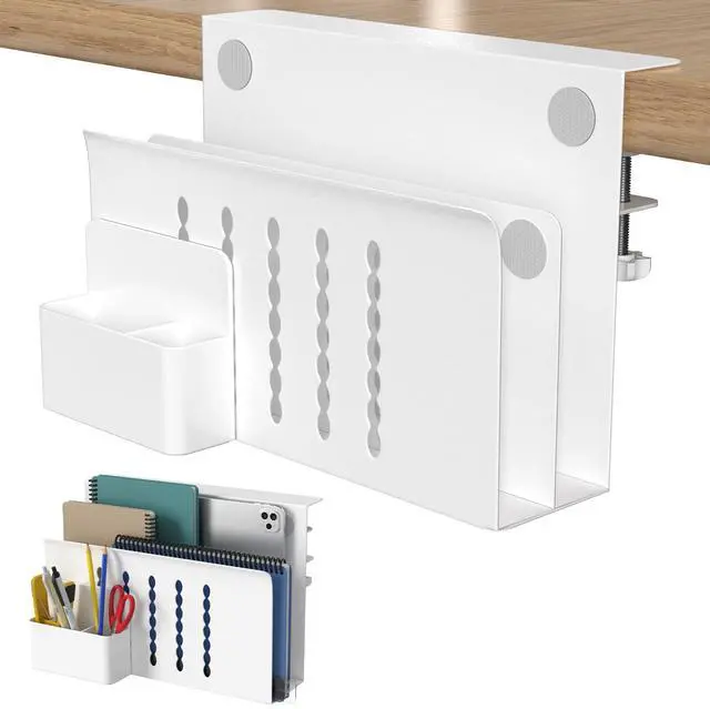 Main image of Desk Side Storage, 2 Tier Steel Hanging Desk Organizer with Magnetic Pen Holder, No Drilling Standing Desk Drawer Cable Management Tray, Under Table Laptop Holder for Office, School&Home(White)