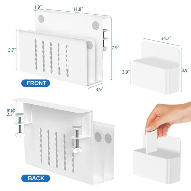 Alt view image 3 of 7 - Desk Side Storage, 2 Tier Steel Hanging Desk Organizer with Magnetic Pen Holder, No Drilling Standing Desk Drawer Cable Management Tray, Under Table Laptop Holder for Office, School&Home(White)