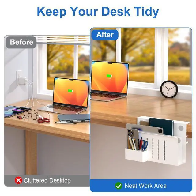 Alt view image 4 of 7 - Desk Side Storage, 2 Tier Steel Hanging Desk Organizer with Magnetic Pen Holder, No Drilling Standing Desk Drawer Cable Management Tray, Under Table Laptop Holder for Office, School&Home(White)