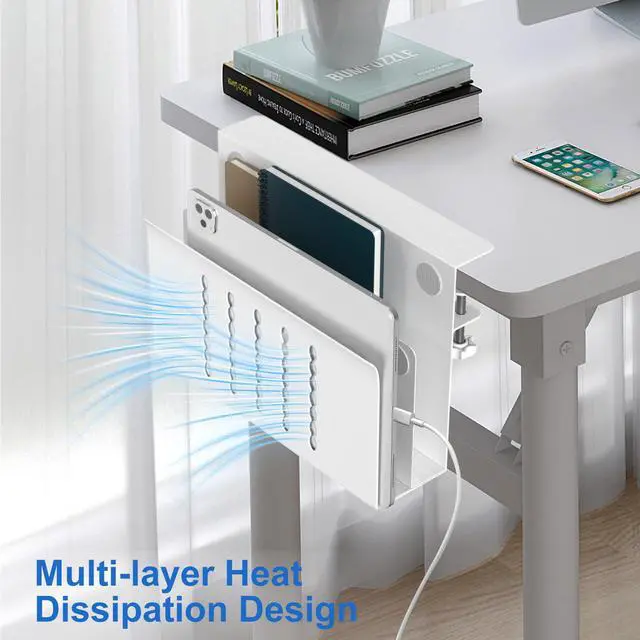Alt view image 5 of 7 - Desk Side Storage, 2 Tier Steel Hanging Desk Organizer with Magnetic Pen Holder, No Drilling Standing Desk Drawer Cable Management Tray, Under Table Laptop Holder for Office, School&Home(White)