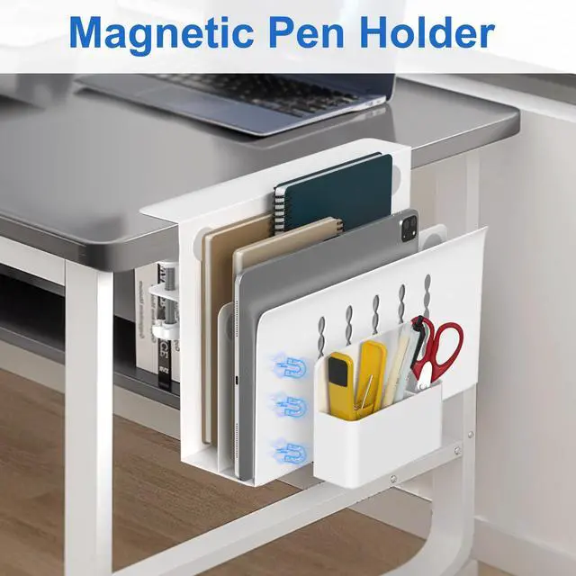 Alt view image 7 of 7 - Desk Side Storage, 2 Tier Steel Hanging Desk Organizer with Magnetic Pen Holder, No Drilling Standing Desk Drawer Cable Management Tray, Under Table Laptop Holder for Office, School&Home(White)