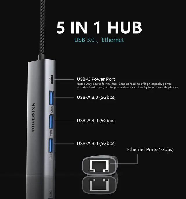 Alt view image 2 of 7 - 5-in-1 USB C or USB A Hub with Gigabit Ethernet, Aluminum Type-C to RJ45 Adapter, 3 USB 3.0 Ports & 5V Power Port, for MacBook Pro/Air, Dell XPS, Surface, PC