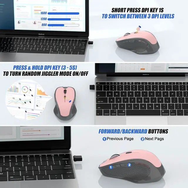Alt view image 3 of 7 - Bluetooth Wireless Mouse for Mac MacBook Air iPad Pro PC, Ergonomic Rechargeable Computer Mouse with Jiggler Mode, 3 DPI Levels & Forward/Back Buttons Laptop Mice for Office/Home/School, Pink