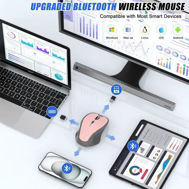 Alt view image 4 of 7 - Bluetooth Wireless Mouse for Mac MacBook Air iPad Pro PC, Ergonomic Rechargeable Computer Mouse with Jiggler Mode, 3 DPI Levels & Forward/Back Buttons Laptop Mice for Office/Home/School, Pink