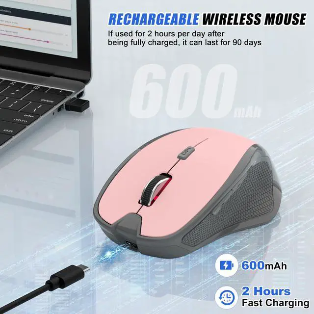 Alt view image 6 of 7 - Bluetooth Wireless Mouse for Mac MacBook Air iPad Pro PC, Ergonomic Rechargeable Computer Mouse with Jiggler Mode, 3 DPI Levels & Forward/Back Buttons Laptop Mice for Office/Home/School, Pink
