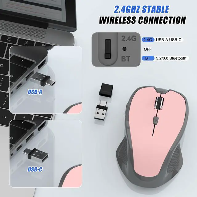 Alt view image 5 of 7 - Bluetooth Wireless Mouse for Mac MacBook Air iPad Pro PC, Ergonomic Rechargeable Computer Mouse with Jiggler Mode, 3 DPI Levels & Forward/Back Buttons Laptop Mice for Office/Home/School, Pink