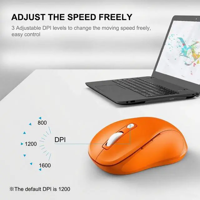 Alt view image 3 of 6 - 2.4G Wireless Mouse for Laptop, Ergonomic Computer Mouse with USB Receiver and Type-C Adapter, 3 Adjustable Levels DPI, 6 Button Cordless Wireless Mice (Orange)