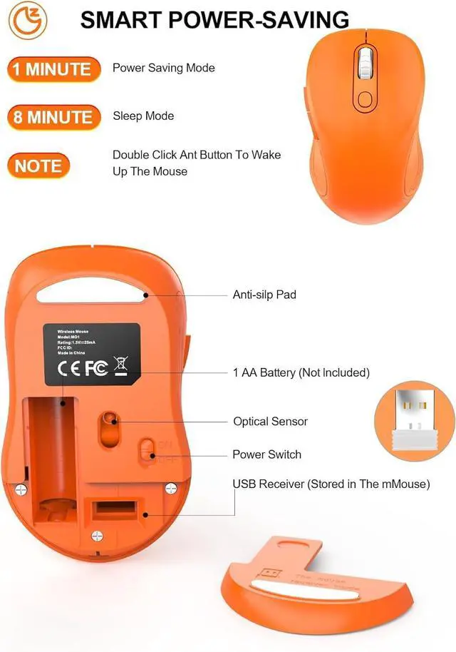 Alt view image 6 of 6 - 2.4G Wireless Mouse for Laptop, Ergonomic Computer Mouse with USB Receiver and Type-C Adapter, 3 Adjustable Levels DPI, 6 Button Cordless Wireless Mice (Orange)