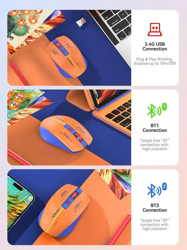 Alt view image 3 of 7 - Bluetooth Wireless Mouse - (BT1/BT2+USB Receiver) Dual Mode, Rechargeable, Quiet Click, Multi-Device Compatibility for Laptop, Computer, MacBook, Tablet (Blue and Orange)