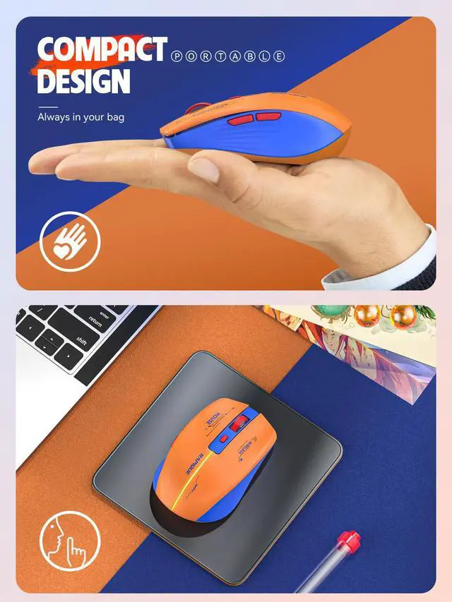 Alt view image 5 of 7 - Bluetooth Wireless Mouse - (BT1/BT2+USB Receiver) Dual Mode, Rechargeable, Quiet Click, Multi-Device Compatibility for Laptop, Computer, MacBook, Tablet (Blue and Orange)