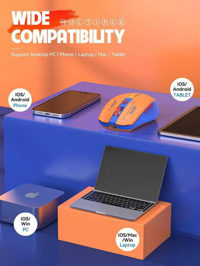 Alt view image 7 of 7 - Bluetooth Wireless Mouse - (BT1/BT2+USB Receiver) Dual Mode, Rechargeable, Quiet Click, Multi-Device Compatibility for Laptop, Computer, MacBook, Tablet (Blue and Orange)