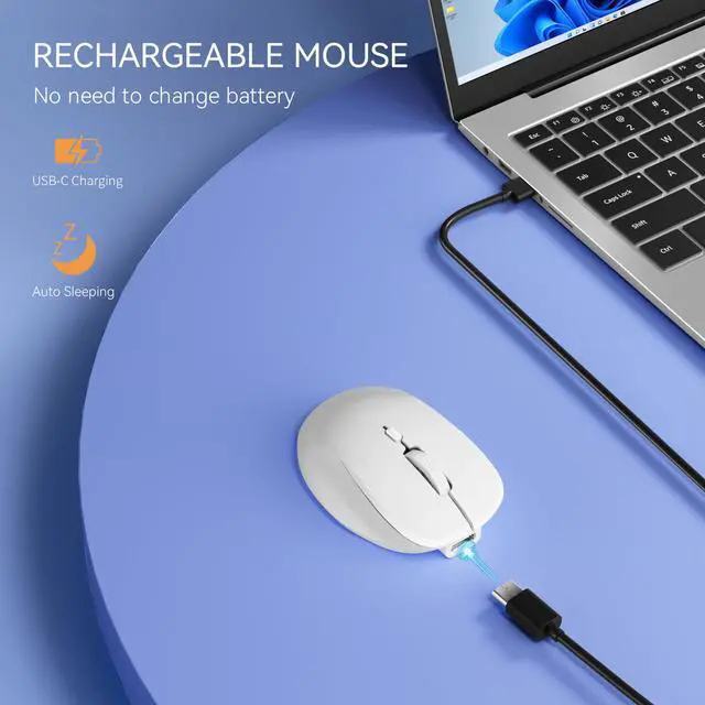 Alt view image 2 of 7 - Mini Wireless Bluetooth Mouse for Travel, Silent Rechargeable Computer Mouse for Laptop, Small Portable BT5.1/5.0 & 2.4Ghz with USB Receiver and Type C Adapter - White
