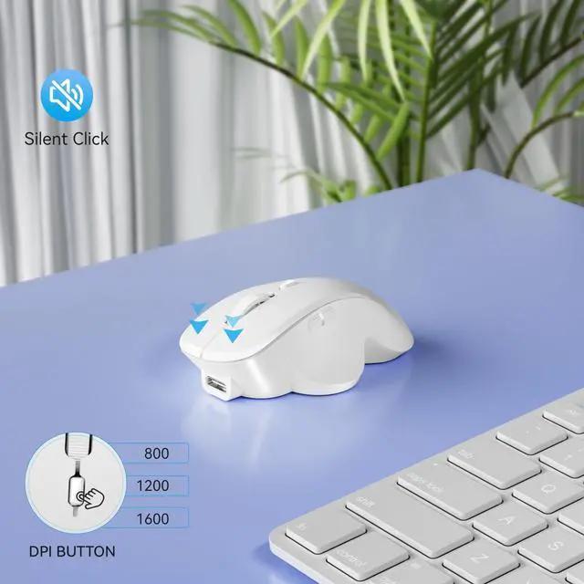 Alt view image 5 of 7 - Mini Wireless Bluetooth Mouse for Travel, Silent Rechargeable Computer Mouse for Laptop, Small Portable BT5.1/5.0 & 2.4Ghz with USB Receiver and Type C Adapter - White