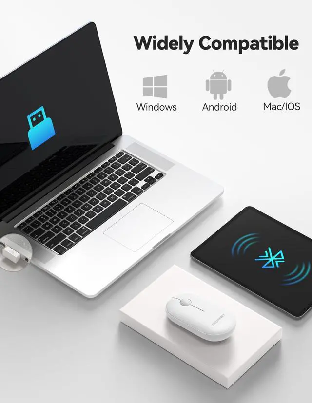 Alt view image 5 of 7 - Bluetooth Mouse, Slim Portable Wireless Mouse for 2 Modes(BT3.0/5.0+2.4Ghz), Lightweight, Contoured Grip with USB Receiver, Quiet Click Compatible with PC, Chromebook, Mac - White