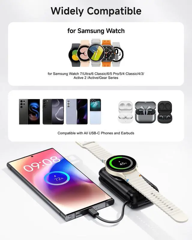 Alt view image 2 of 7 - Portable Watch Charger for Samsung Galaxy Watch8/8Classic/Ultra (2025)/7/Ultra/6/5, 6000 mAh Watch and Phone Charger for Samsung Galaxy S26 Ultra/S26+/S26/S25/S24/S23/Z Fold7/Flip7