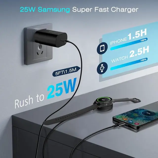 Alt view image 2 of 7 - Galaxy Watch Charger Compatible Galaxy Watch 8/7/6/6 Classic/5 Pro/5/4 Classic/3 Active2/1, 2-in-1 USB C Fast Charging Cable, 25W Super Fast Charger for Galaxy S25/24/23/iPhone 16/15(5FT)