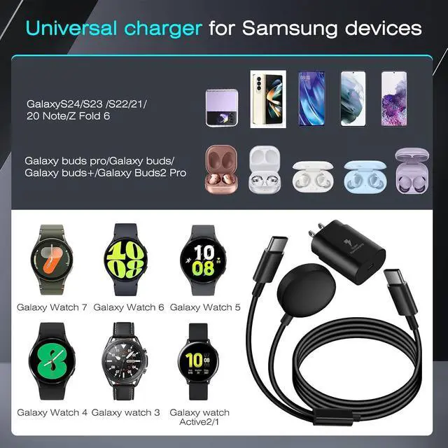 Alt view image 3 of 7 - Galaxy Watch Charger Compatible Galaxy Watch 8/7/6/6 Classic/5 Pro/5/4 Classic/3 Active2/1, 2-in-1 USB C Fast Charging Cable, 25W Super Fast Charger for Galaxy S25/24/23/iPhone 16/15(5FT)