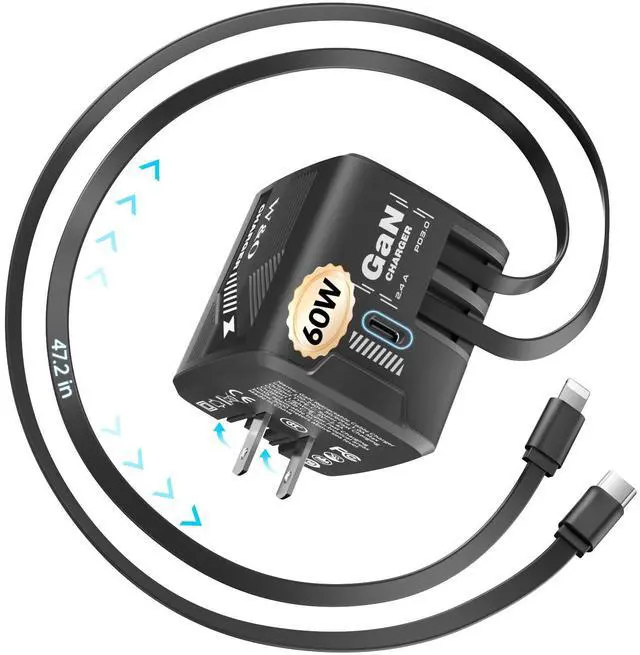 Main image of 60W gan Fast Charger for iPhone, Retractable Phone Charger Wall Plug with USBC & Compatible Lightning Cables,for iPhone 17/16/15, Galaxy S25/24,Android DevicesBlack
