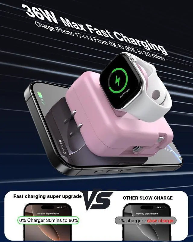 Alt view image 3 of 7 - 3 in 1 Retractable Wall Charger for Apple Watch,36W Fast Charging Block with 31 Inch Cables,Multi-Device Travel Charger for iPhone 17/16/15/14/13/12, iWatch & AirPods (Pink)