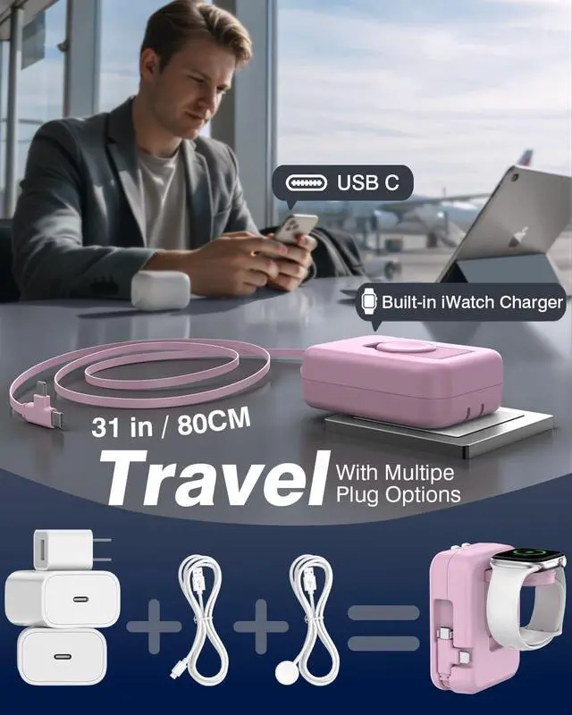 Alt view image 4 of 7 - 3 in 1 Retractable Wall Charger for Apple Watch,36W Fast Charging Block with 31 Inch Cables,Multi-Device Travel Charger for iPhone 17/16/15/14/13/12, iWatch & AirPods (Pink)