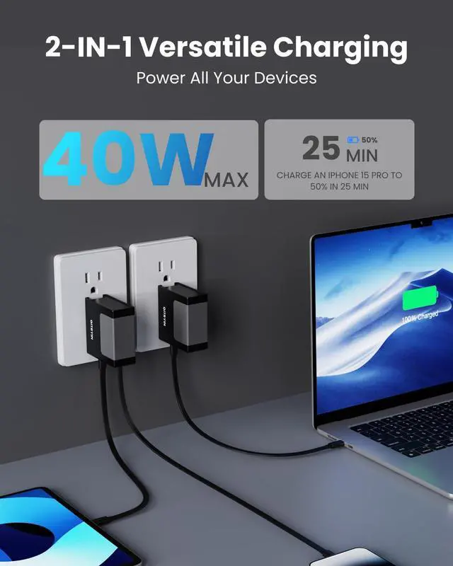 Alt view image 3 of 7 - 40W USB C Wall Charger with Built-in Retractable Cable, 2-in-1 Foldable Fast Charger Block, Travel Essentials Compatible for iPhone 17/16/15, iPad, Galaxy, Pixel, Black