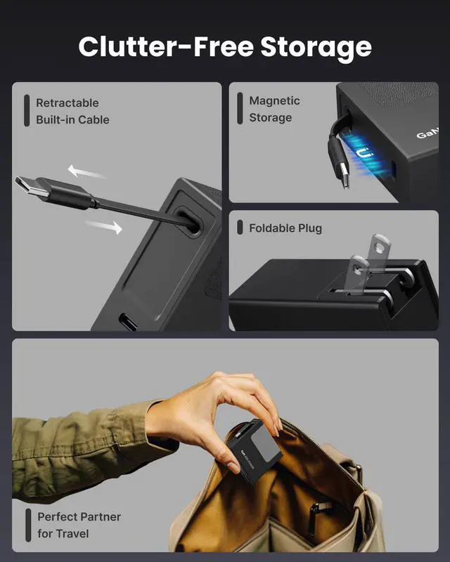 Alt view image 7 of 7 - 40W USB C Wall Charger with Built-in Retractable Cable, 2-in-1 Foldable Fast Charger Block, Travel Essentials Compatible for iPhone 17/16/15, iPad, Galaxy, Pixel, Black