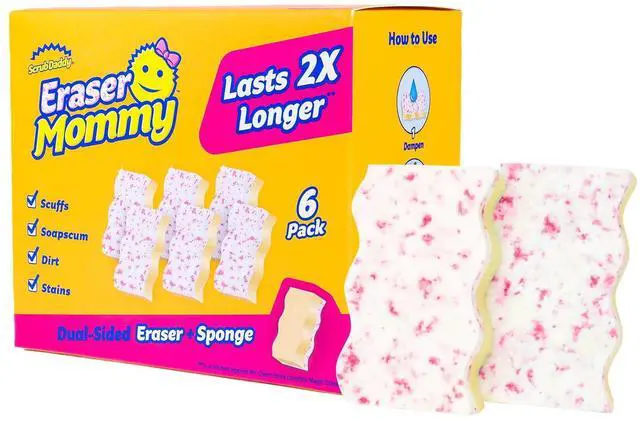Main image of Eraser Mommy Sponges 45x - Water-Activated Cleaning Sponge with FlexTexture Scrubbing Gems - 3-in-1 Erase, Scrub, Wipe Tool for Walls, Doors, Baseboards, Hard Surfaces (6 Count)