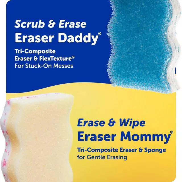 Alt view image 6 of 7 - Eraser Mommy Sponges 45x - Water-Activated Cleaning Sponge with FlexTexture Scrubbing Gems - 3-in-1 Erase, Scrub, Wipe Tool for Walls, Doors, Baseboards, Hard Surfaces (6 Count)