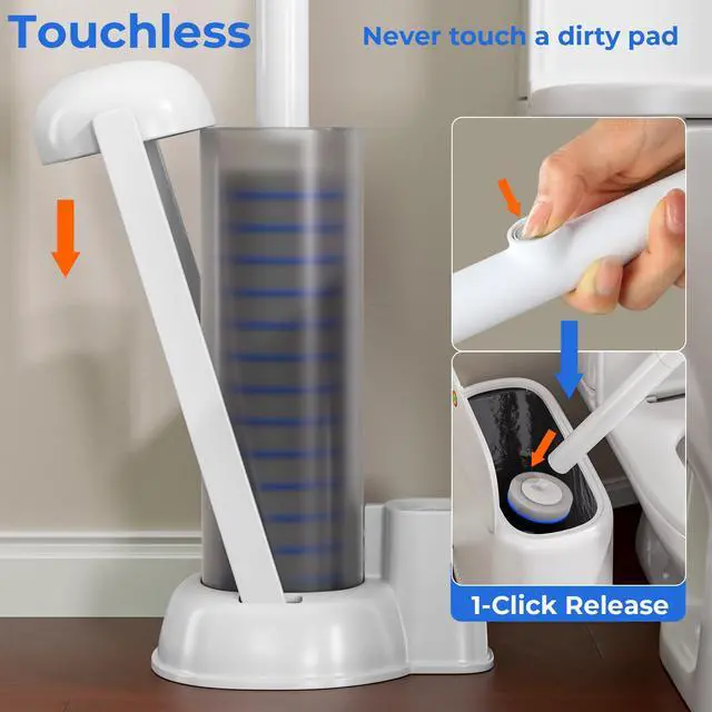 Alt view image 4 of 7 - Disposable Toilet Brush and Holder Set - Hands-Free Eject Sponge Toilet Wand with Floor Standing Caddy, Secure-Lock Hangable Toilet Scrubber