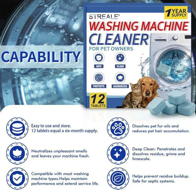 Alt view image 4 of 6 - Washing Machine Cleaner Tablets for Pet Owners -12Pack, Deep Clean Descaler,Tackles Cat &Dog Hair,Freshens Odors &Laundry Detergent Residue,Septic Safe,HE Top &Front Load Washer -6Month Supply