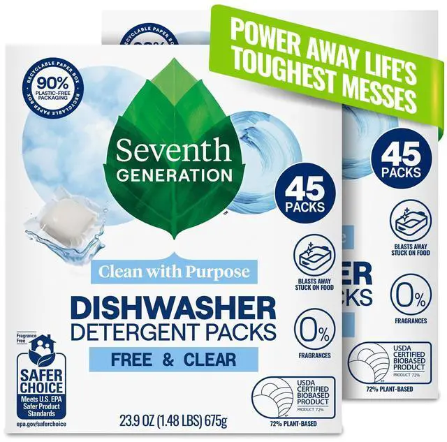 Main image of Dishwasher Detergent Packs, Free & Clear, 45 Count, Pack of 2, Plant Powered Cleaning, Fights Greasy Reside & Stuck-On Food For Sparkling Dishes, Fragrance-Free & Septic Safe