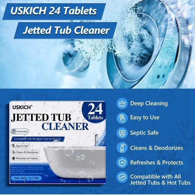 Alt view image 2 of 6 - Jetted Tub Cleaner Bathtub Tabs - 24 Pack Jet Tub Cleaning Tablets,Jet Tub Cleaner for Bathtub Compatible with Spa Bath & Whirlpool,Septic Safe Bath Jet Scale and Residue Remover-2 Year Supply