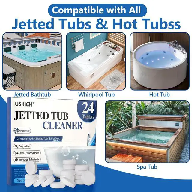 Alt view image 5 of 6 - Jetted Tub Cleaner Bathtub Tabs - 24 Pack Jet Tub Cleaning Tablets,Jet Tub Cleaner for Bathtub Compatible with Spa Bath & Whirlpool,Septic Safe Bath Jet Scale and Residue Remover-2 Year Supply