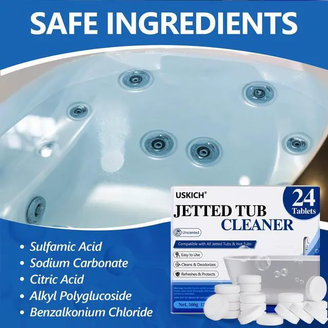Alt view image 4 of 6 - Jetted Tub Cleaner Bathtub Tabs - 24 Pack Jet Tub Cleaning Tablets,Jet Tub Cleaner for Bathtub Compatible with Spa Bath & Whirlpool,Septic Safe Bath Jet Scale and Residue Remover-2 Year Supply
