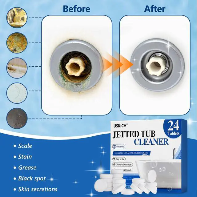 Alt view image 6 of 6 - Jetted Tub Cleaner Bathtub Tabs - 24 Pack Jet Tub Cleaning Tablets,Jet Tub Cleaner for Bathtub Compatible with Spa Bath & Whirlpool,Septic Safe Bath Jet Scale and Residue Remover-2 Year Supply