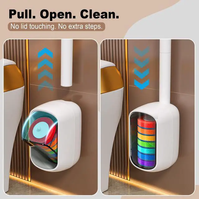 Alt view image 2 of 7 - Disposable Toilet Brush with 35 Refill Pads, Auto-Open, Water-Activated Cleaning Heads, Wall-Mounted Toilet Kit for Bathroom & Tub