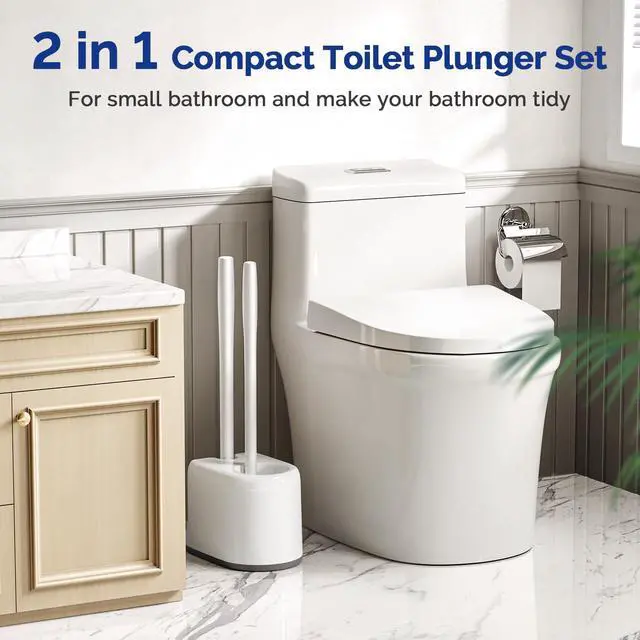 Alt view image 6 of 7 - Toilet Plunger Bowl Brush ComboHeavy Duty Rubber for Drain Clog Remover - Curved Design Bristles for Deep Cleaning Under Rim - Compact Bathroom Cleaning Tools for New Homet Essentials - White