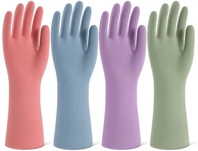 Main image of Rubber Cleaning Gloves for Dishwashing, 4 Pairs Reusable Kitchen Gloves for Washing Dishes and Household Cleaning, Colorful Dish Gloves with Flocked Lining and Non-Slip Grip, Pefect for Woman Men - M