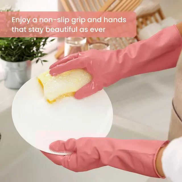 Alt view image 3 of 7 - Rubber Cleaning Gloves for Dishwashing, 4 Pairs Reusable Kitchen Gloves for Washing Dishes and Household Cleaning, Colorful Dish Gloves with Flocked Lining and Non-Slip Grip, Pefect for Woman Men - M