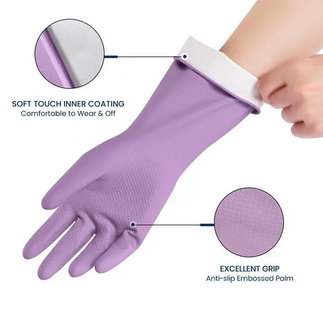 Alt view image 2 of 7 - Rubber Cleaning Gloves for Dishwashing, 4 Pairs Reusable Kitchen Gloves for Washing Dishes and Household Cleaning, Colorful Dish Gloves with Flocked Lining and Non-Slip Grip, Pefect for Woman Men - M