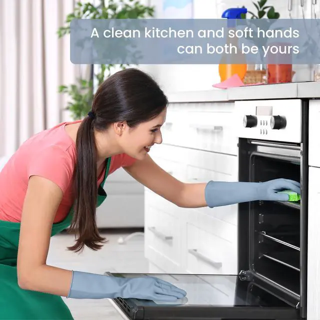 Alt view image 6 of 7 - Rubber Cleaning Gloves for Dishwashing, 4 Pairs Reusable Kitchen Gloves for Washing Dishes and Household Cleaning, Colorful Dish Gloves with Flocked Lining and Non-Slip Grip, Pefect for Woman Men - M