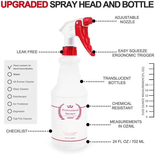 Alt view image 4 of 7 - Plastic Spray Bottle (4 Pack, 24 Oz, All-Purpose) Heavy Duty Spraying Bottles Leak Proof Mist Empty Water Bottle for Cleaning Solution Planting Pet with Adjustable Nozzle and Measurements