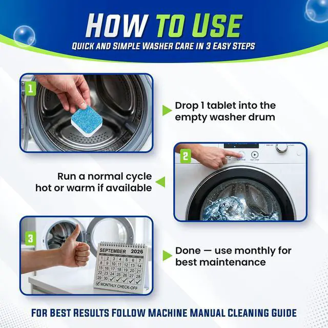 Alt view image 4 of 6 - Washing Machine Cleaner Tablets 25 Pack for Front Load, Top Load & HE Washers, Helps Remove Odor-Causing Residue, Limescale & Grime, Deep Cleans Drum, Pump, Valve & Hoses, Septic Safe