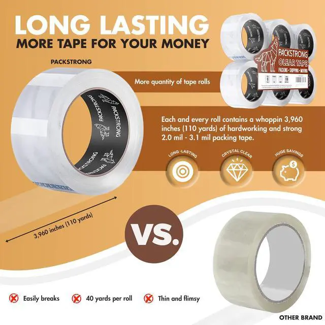 Alt view image 3 of 7 - Industrial Grade Clear Packing Tape 12 Rolls - Extra Long 110 Yards per Roll - 2" Wide x 2.7 mil Thick, Acrylic Adhesive Heavy Duty Tape for Box Office Moving Packaging Shipping