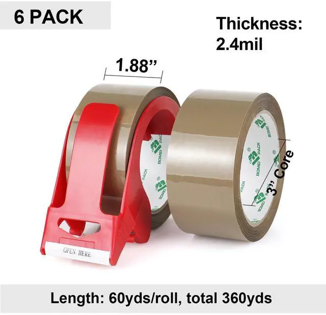 Alt view image 2 of 6 - Brown Packing Tape with Dispenser, 2.4 Mil 1.88 Inch x 60 Yards, 6 Refills Rolls Packaging Tape for Moving, Shipping and Storage
